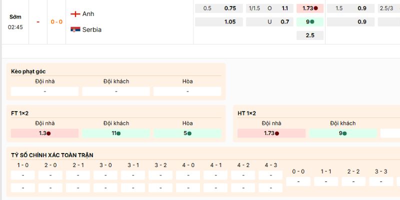 Các loại kèo nên tham gia trong trận Anh vs Serbia