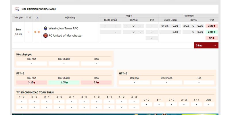 Các kèo hấp dẫn nên tham gia của trận Warrington Town AFC vs FC United of Manchester